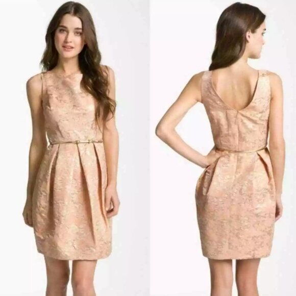 Eliza J Sleeveless V-Back Jacquard Tulip Bubble Dress, 14, Gold Peach Lurex - Picture 2 of 12